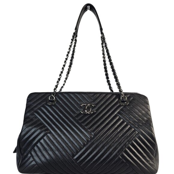 CHANEL CC Crossing Shopping Tote Shoulder Bag Chain Black Chevron 2016 Silver - Picture 1 of 16